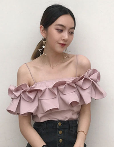 เสื้อสายเดี่ยวแฟชั่นแต่งเก๋ระบายพับจีบรอบ สวยหวานสไตล์เกาหลี รหัส 1688-สีชมพู