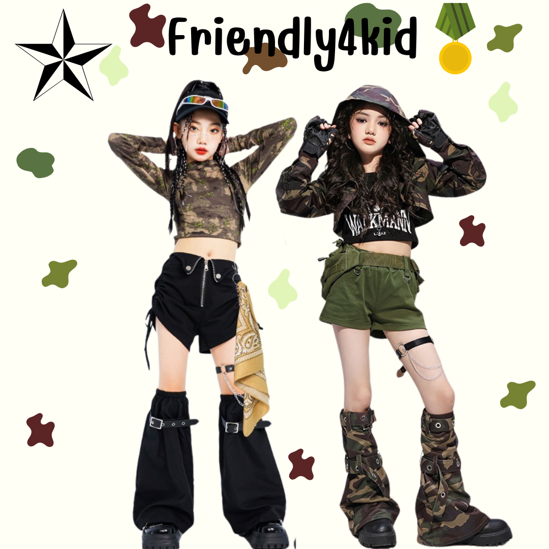 พร้อมส่ง ชุดเต้นเด็กผู้หญิง เซ็ต ลายพลาง
