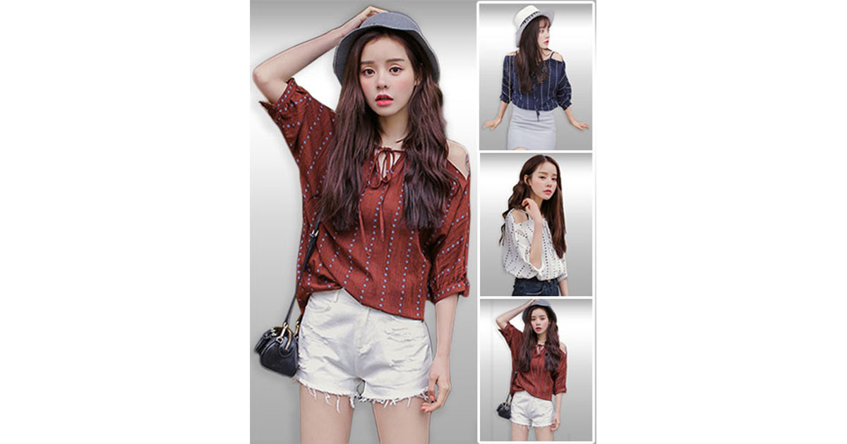 เสื้อแฟชั่นแต่งสายผูกที่คอโชว์ไหล่สไตล์ชิลด์ๆ มี3สี รหัส 1734