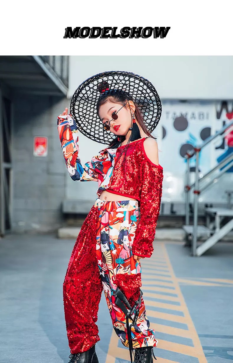 **พร้อมส่ง**ชุดเต้น ชุดฮิปฮอป เสื้อแขนยาว ปักเลื่อม พร้อมกางเกงขาขายาว