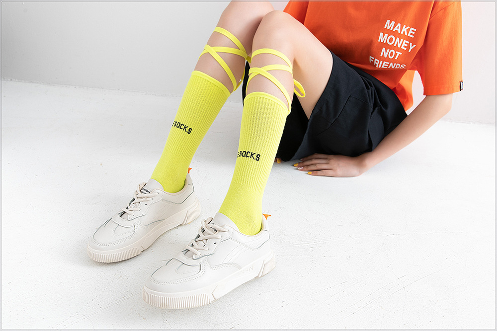 พร้อมส่ง ถุงเท้า เด็ก-ผู้ใหญ่ แบบยาว มีสายไขว้ ผูกข้อขา สีพื้น