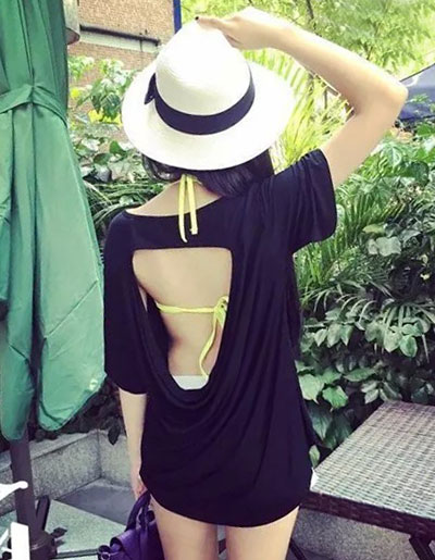 เสื้อยืดแฟชั่น ดีไซน์เก๋แต่งโชว์เว้ากลางหลัง เซ็กซี่นิดๆ รหัส 1694-สีดำ