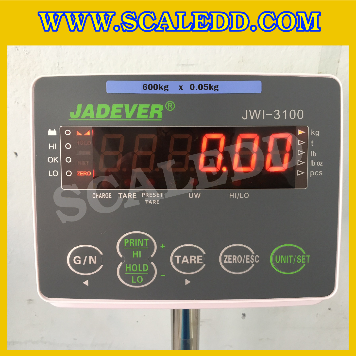 เครื่องชั่งดิจิตอลตั้งพื้น 600 kg ยี่ห้อ JADEVER รุ่น JWI-3100 II ขนาดแท่น 70x80cm. พิกัดน้ำหนัก 600kg ค่าละเอียด 50g