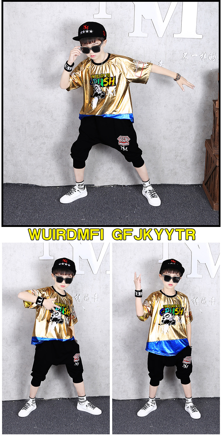 ชุดHIPHOP เสื้อแขนสั้นสีทอง+กางเกงดำ
