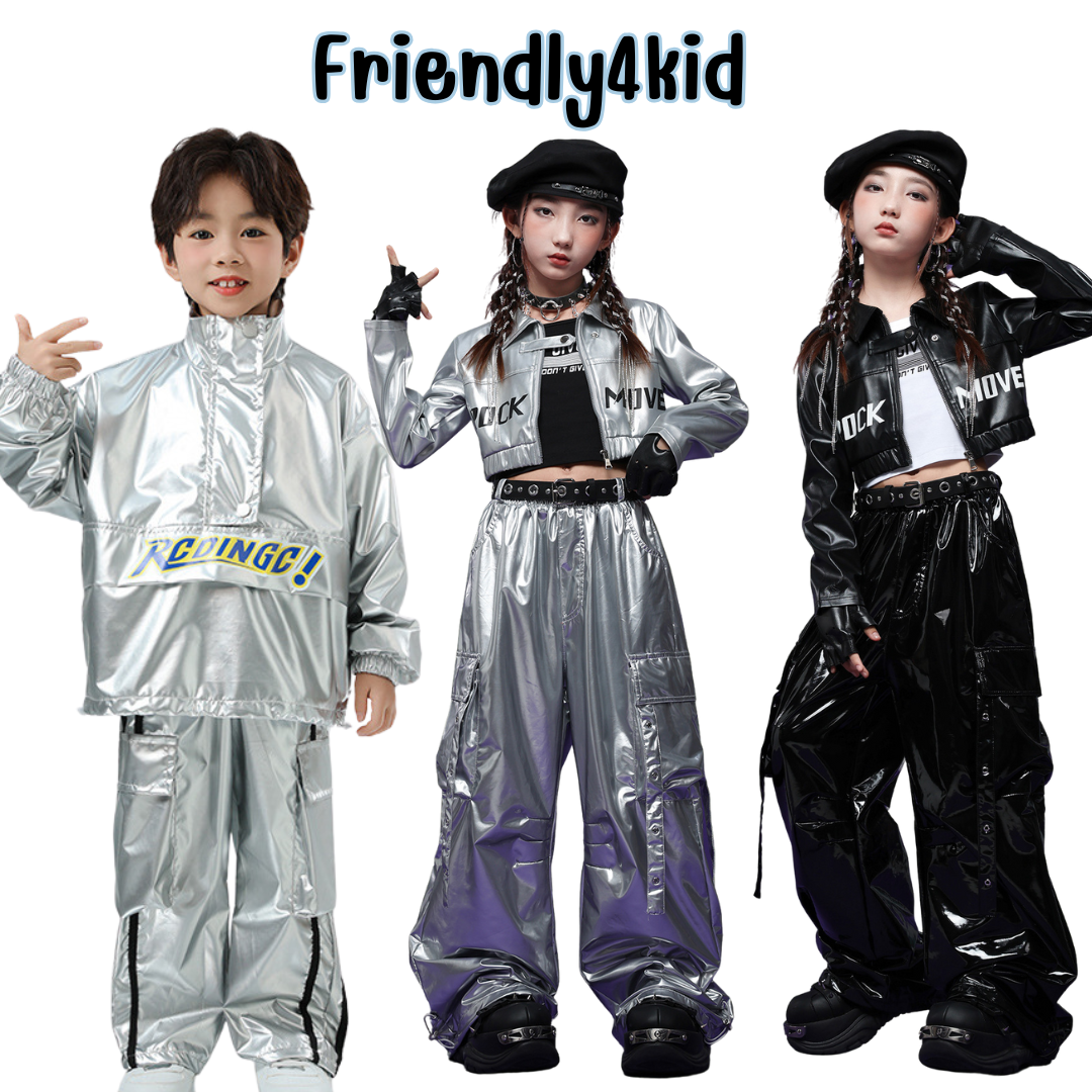 ชุดเต้น**Set เสื้อแจ็คเก็ตแขนยาว สีเงิน+กางเกงขายาวสีเงิน ใส่ได้ทั้งชายและหญิง