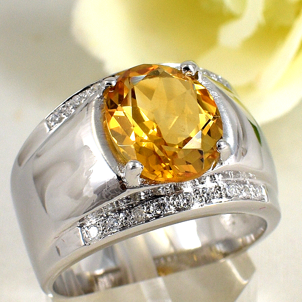 แหวนเงินแท้ราคาถูกชุบทองคำขาว ซิทรินแท้ 3.50 กะรัต เพชรCZ 0.18 กะรัต งานประณีตสวยงาม สั่งผลิตค่ะ