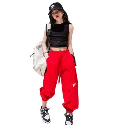 ชุดเต้น ชุดแดนซ์ เสื้อสีดำ+กางเกงขายาวสีแดง