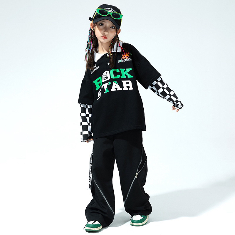 ชุดเต้น ชุดโคฟเวอร์แดนซ์ แขนยาวสีดำ+กางเกงขายาวสีดำ แต่งซิปด้านข้าง