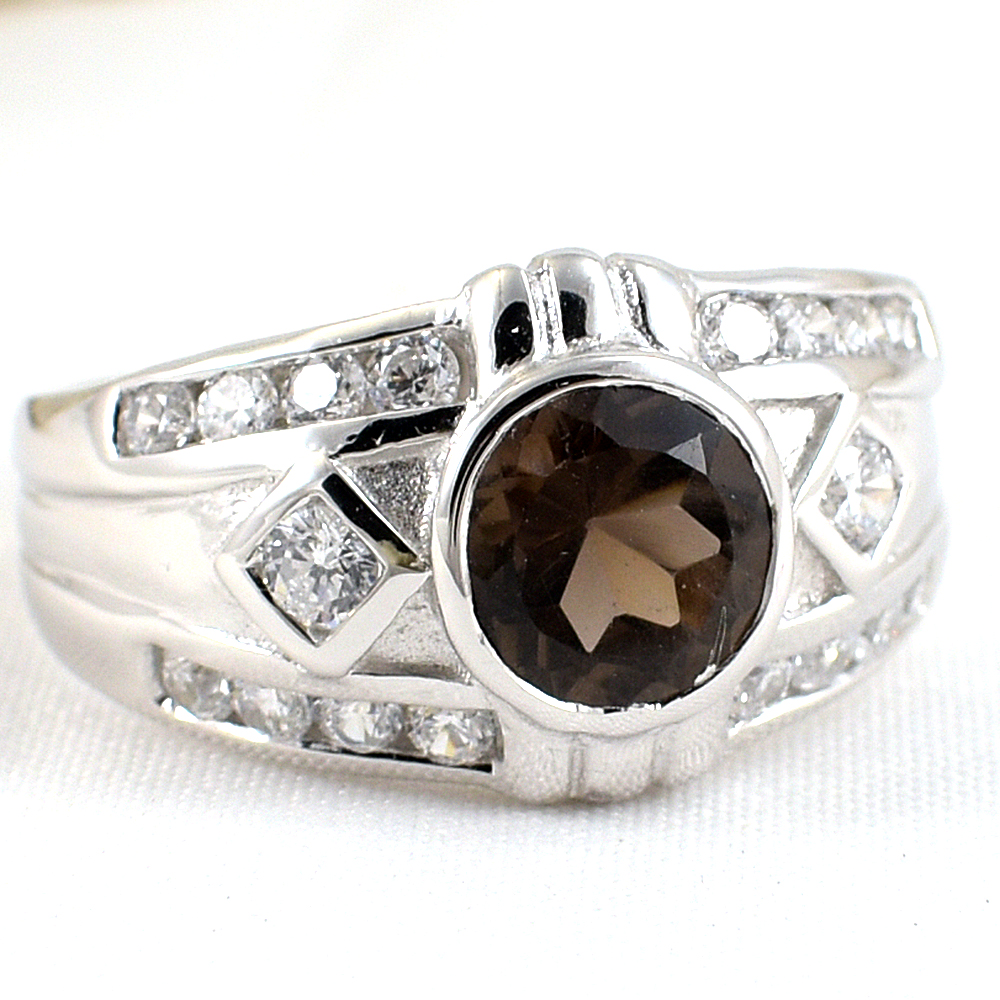 แหวนเงินแท้ราคาถูกชุบทองคำขาว พลอยแท้สโมกกี้ควอทซ์ 1.94 กะรัต เพชรCZ 0.80 กะรัต งานประณีตสวยงาม สั่งผลิตค่ะ