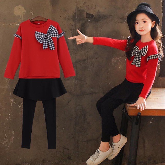 กันหนาว :ชุดเซ็ตเสื้อแขนยาว สีชมพู+เลกกิ้งกระโปรง