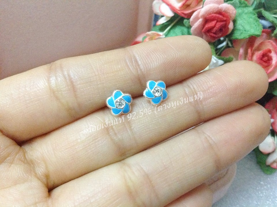 ต่างหูเงินแท้จิ๋ว ดอกไม้สีฟ้า