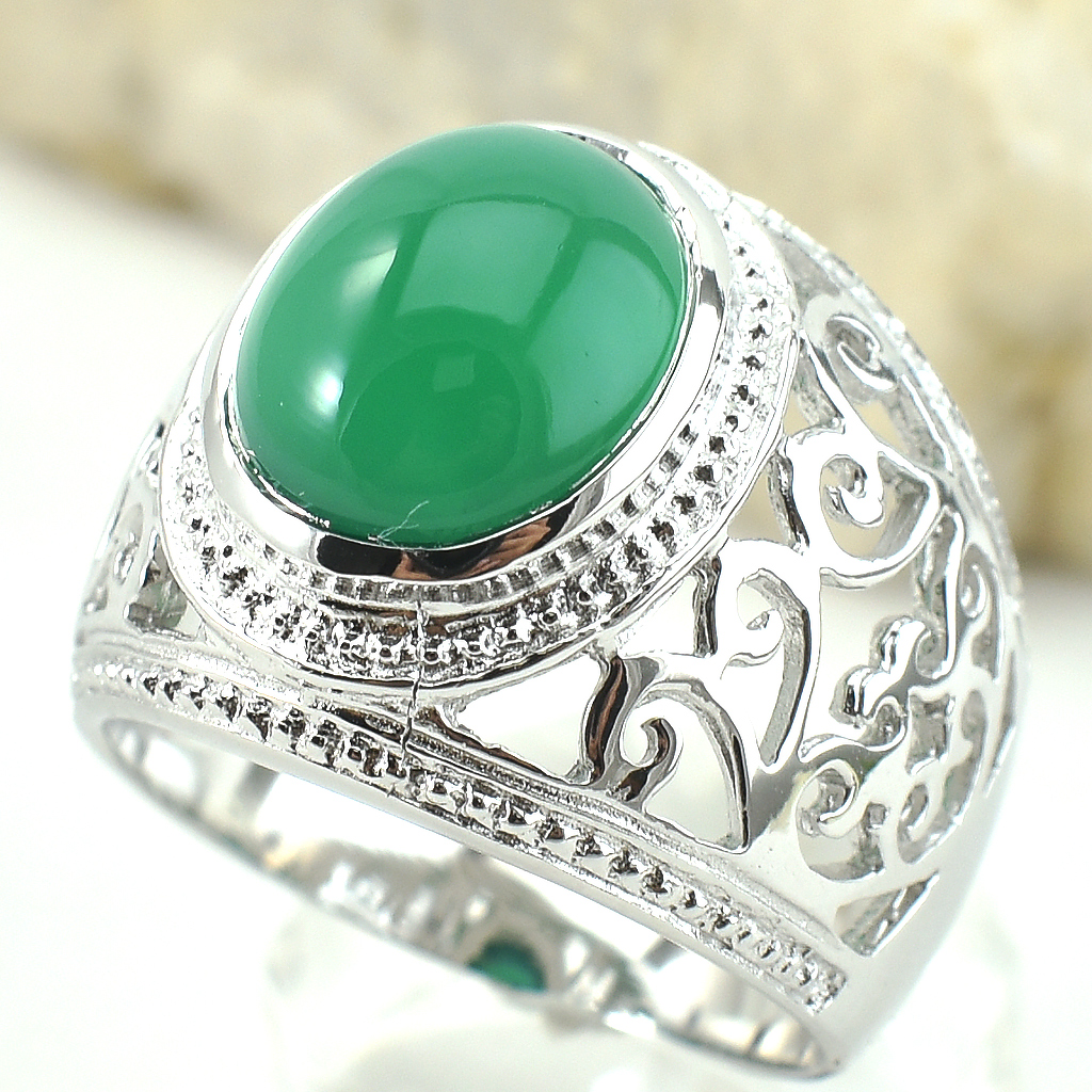 แหวนเงินแท้ราคาถูกชุบทองคำขาว พลอยแท้กรีนอะเกท 4.65 กะรัต งานประณีตสวยงาม สั่งผลิตค่ะ