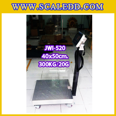 เครื่องชั่งน้ำหนักดิจิตอลพร้อมล้อ300กิโลกรัม เครื่องชั่งตั้งพื้น300กิโล เครื่องชั่งพร้อมล้อ300kg ตาชั่งตั้งพื้น300กิโล ความละเอียด20g ยี่ห้อ JADEVER รุ่นJWI-520 ขนาดแท่น40x50cm พร้อมที่เข็นและล้อ URETHANE