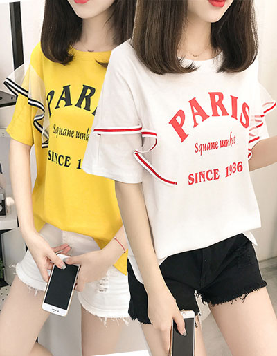 เสื้อแฟชั่นคอกลมสกรีนอกแขนสั้น ต้นแขนต่อผ้าตาข่ายพริ้วๆสวยน่ารักสไตล์เกาหลี 2 สี รหัส 1872