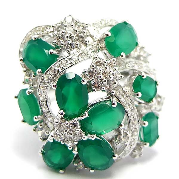 แหวนเงินแท้ราคาถูกชุบทองคำขาว พลอยแท้กรีนอะเกท 5.80 กะรัต เพชรCZ 1.015 กะรัต งานประณีตสวยงาม สั่งผลิตค่ะ