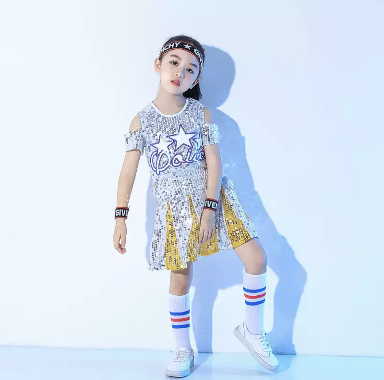 F ชุดเต้น ปักเลื่อม เซ็ตเสื้อ+กางเกง สีทอง+คาดผม