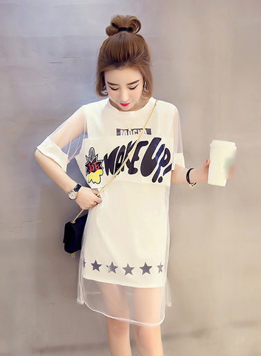 เสื้อยึดกึ่งเดรส แฟชั่น แต่งผ้าตาข่ายคลุมทั้งชุด-1402-สีขาว