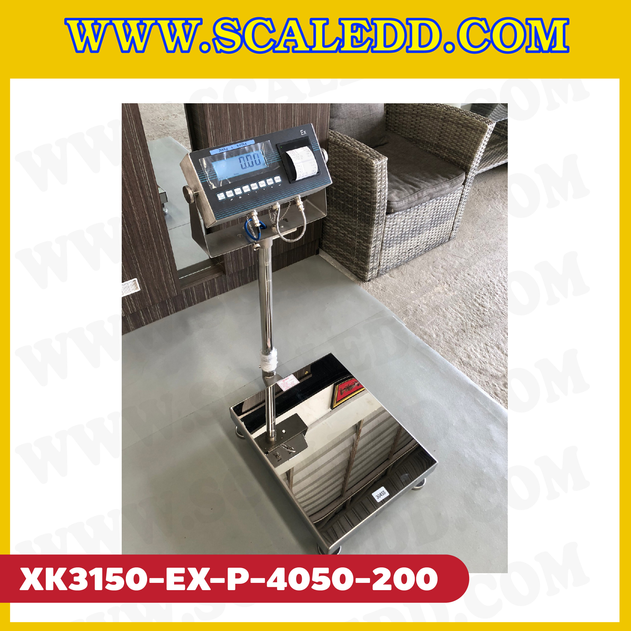 เครื่องชั่งดิจิตอลกันระเบิด XK3150 Explosion Proof Scales พร้อม Built-in Label printer มีปริ้นเตอร์ในตัว พิกัดน้ำหนัก 200kg ค่าละเอียด 20g ขนาดแท่นชั่ง 40x50cm. ยี่ห้อ LOCOSC รุ่น XK3150-EX-P