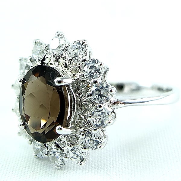 แหวนเงินแท้ราคาถูกชุบทองคำขาว พลอยแท้สโมกกี้ควอทซ์ 1.70 กะรัต งานประณีตสวยงาม สั่งผลิตค่ะ