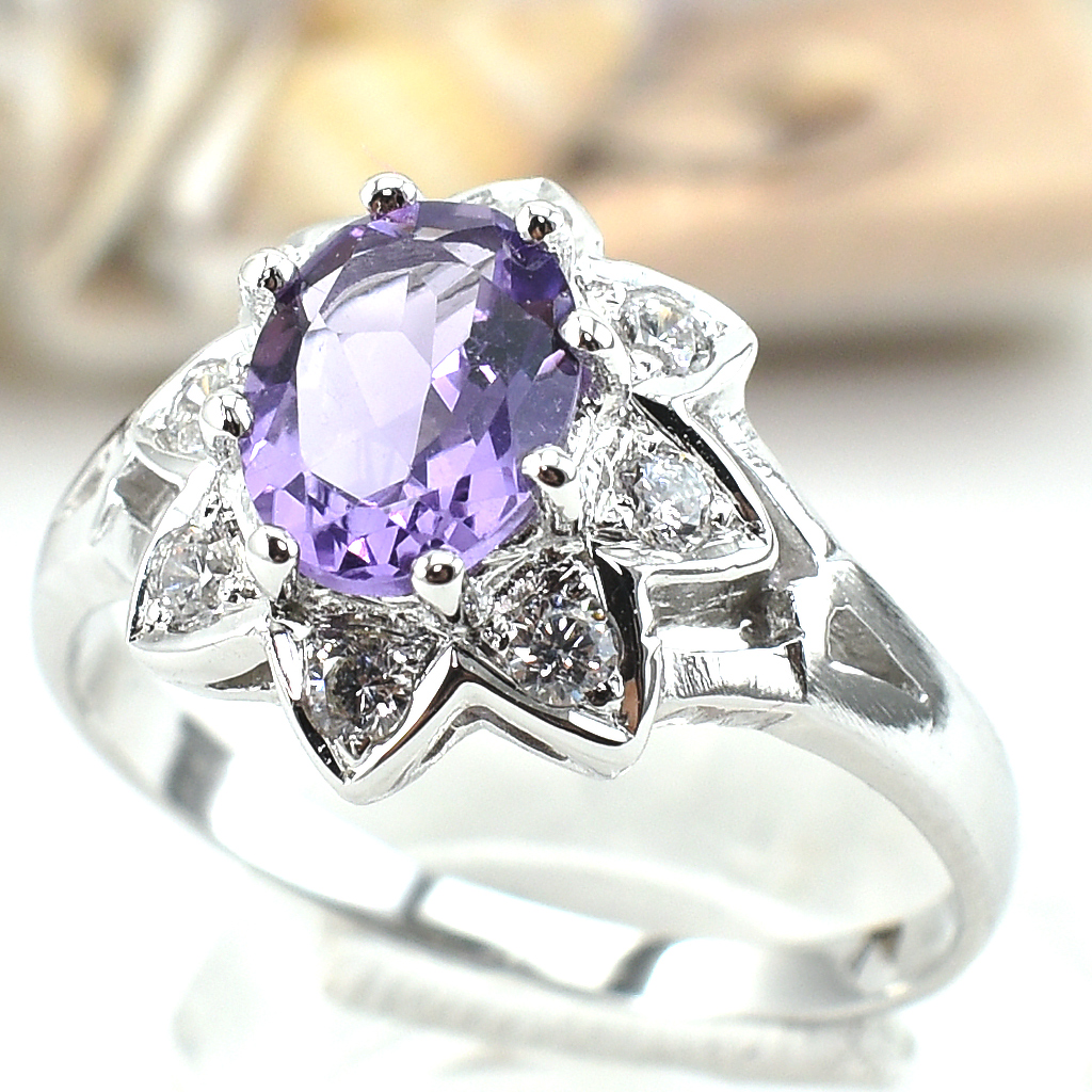 แหวนเงินแท้ราคาถูกชุบทองคำขาว แอมิทิสต์แท้ 1.25 กะรัต เพชรCZ 0.24 กะรัต งานประณีตสวยงาม สั่งผลิตค่ะ