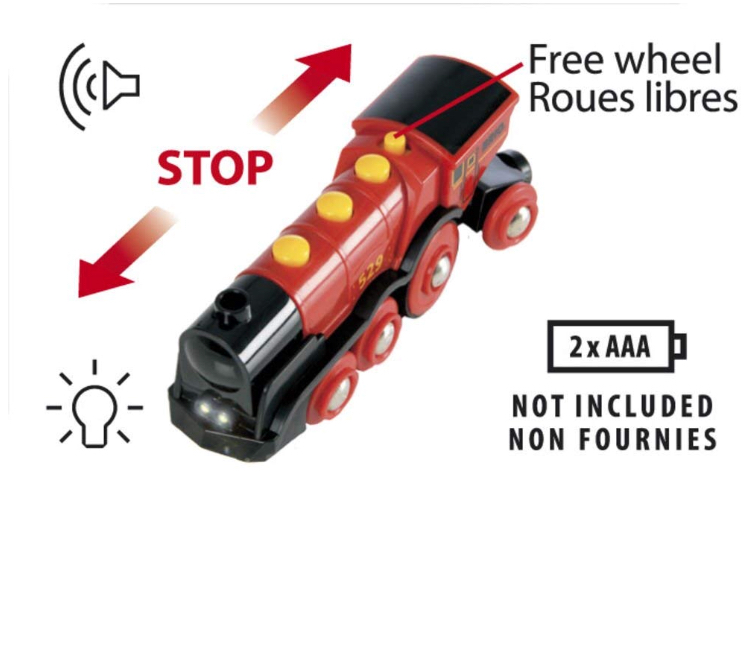 หัวรถไฟวิ่งอัตโนมัติใช้กับรางไม้และต่อกับขบวนรถไฟไม้ Brio World Mighty Red Action Locomotive