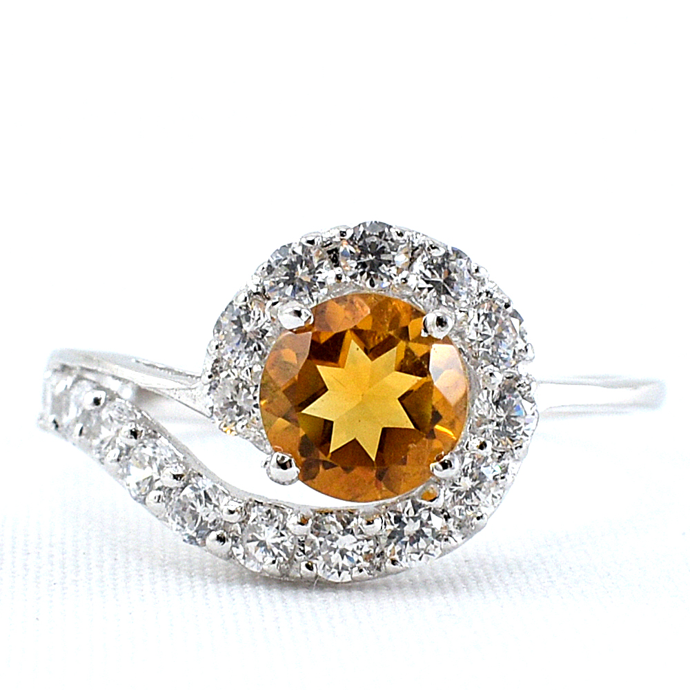 แหวนเงินแท้ราคาถูกชุบทองคำขาว ซิทรินแท้ 0.80 กะรัต เพชรCZ 0.48 กะรัต งานประณีตสวยงาม สั่งผลิตค่ะ