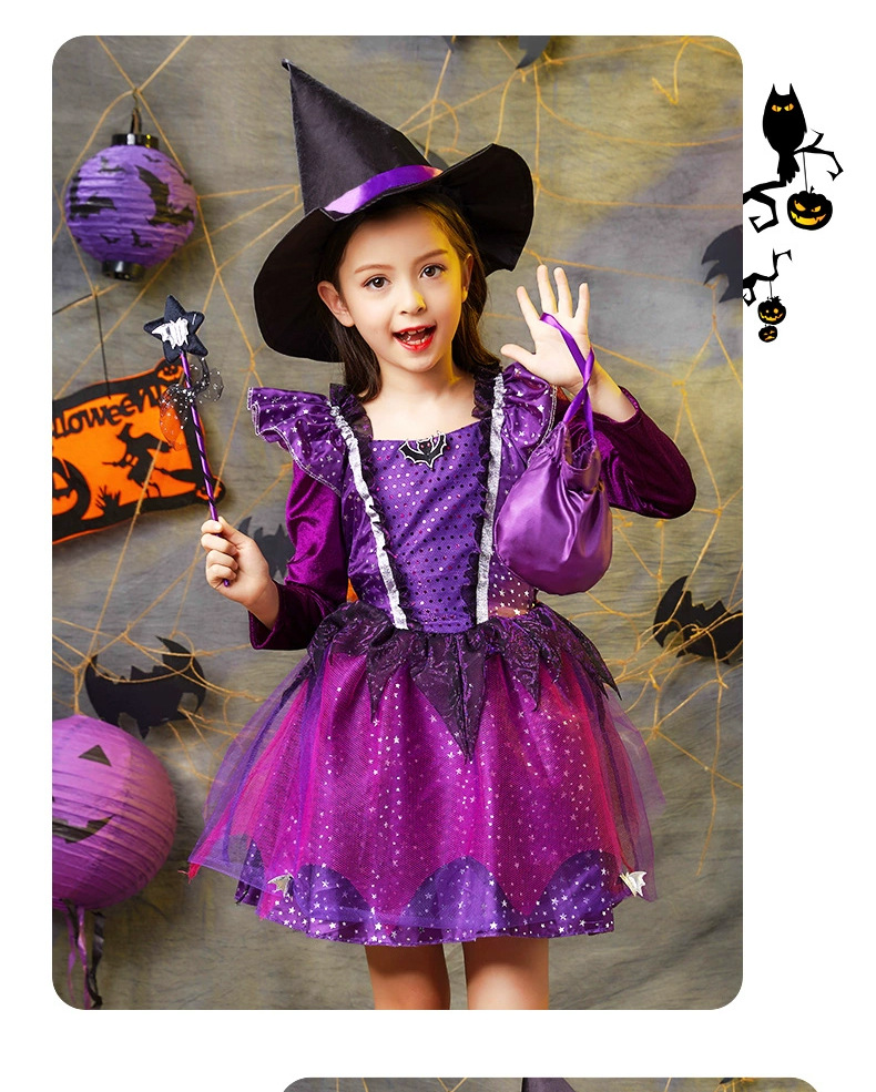 พร้อมส่ง ชุดฮาโลวีน เดรสแม่มด สีม่วง+ผ้าคลุม+หมวก ปลอกแขน