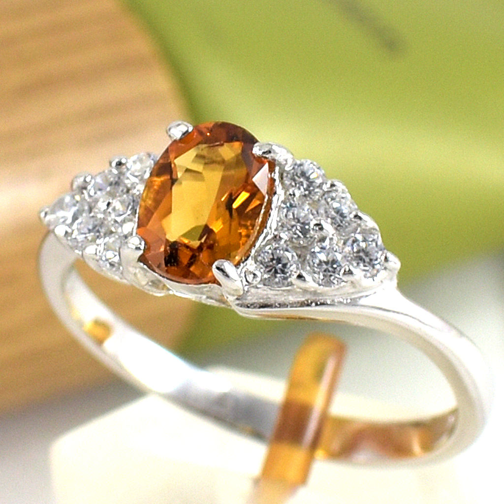 แหวนเงินแท้ราคาถูกชุบทองคำขาว ซิทรินแท้ 0.75 กะรัต เพชรCZ 0.30 กะรัต งานประณีตสวยงาม สั่งผลิตค่ะ