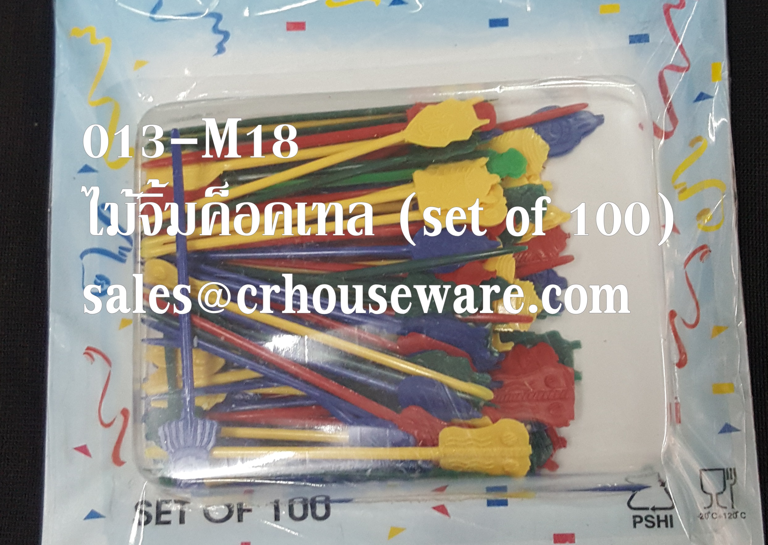 ส้อมจิ้มผลไม้,ส้อมจิ้มค๊อคเท็ล หัวพลาสติกคละลาย ห่อละ 100 อัน 013-M18
