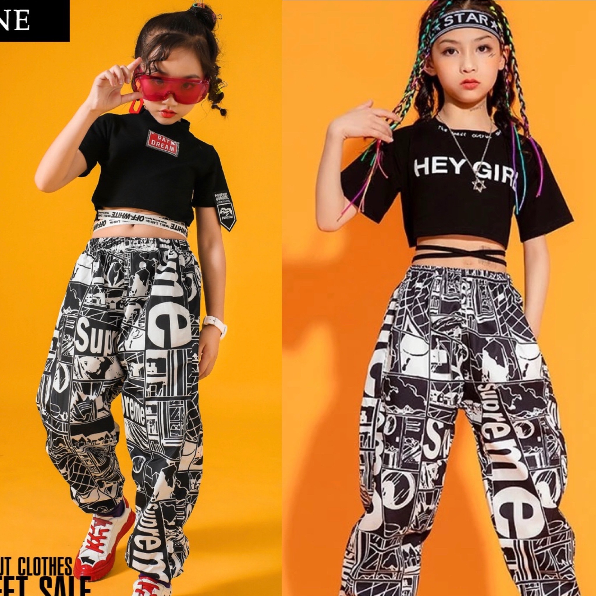 พร้อมส่ง ชุดเต้น ชุดแดนซ์ ฮิปฮอป เสื้อสีดำ กางกงดำลายการ์ตูน