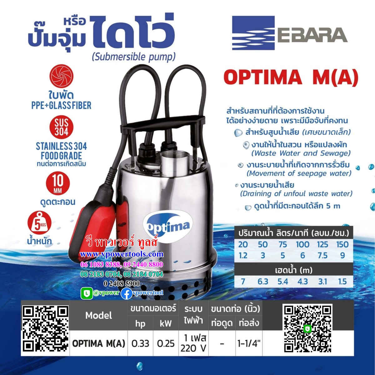 EBARA OPTIMA-M(A) เอบาร่า ปั๊มจุ่ม สำหรับสูบน้ำทั่วไป ไฟ 230-240V พร้อมลูกลอย