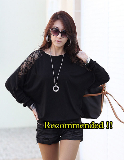 เสื้อยืดทรงค้างคาวแต่งแขนลูกไม้ลายดอก -1203- สีดำ