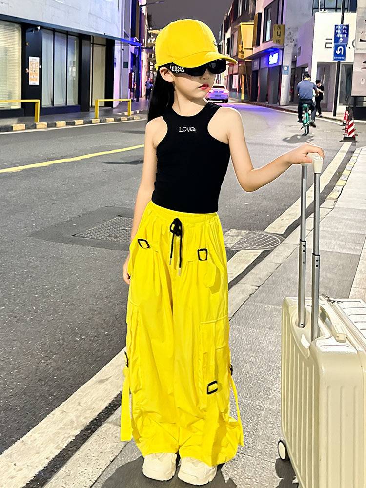 พร้อมส่ง กางเกงเด็ก คาร์โก้ สไตล์ Y2K ขากระบอกสีพื้น