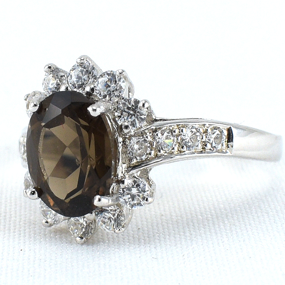 แหวนเงินแท้ราคาถูกชุบทองคำขาว พลอยแท้สโมกกี้ควอทซ์ 2.25 กะรัต งานประณีตสวยงาม สั่งผลิตค่ะ