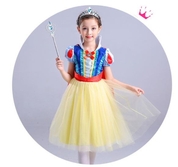 ชุดเด็ก : เดรสเจ้าหญิงสโนไวท์ ทรงยาวสีเหลืองอ่อน+ผ้าคลุมสีแดง