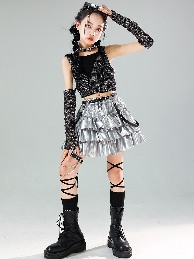 friendly4kid พร้อมส่ง ชุดเต้น เซ็ตเสื้อกั๊กดำ +กางเกงขายาว/กระโปรง hiphop jazzdance