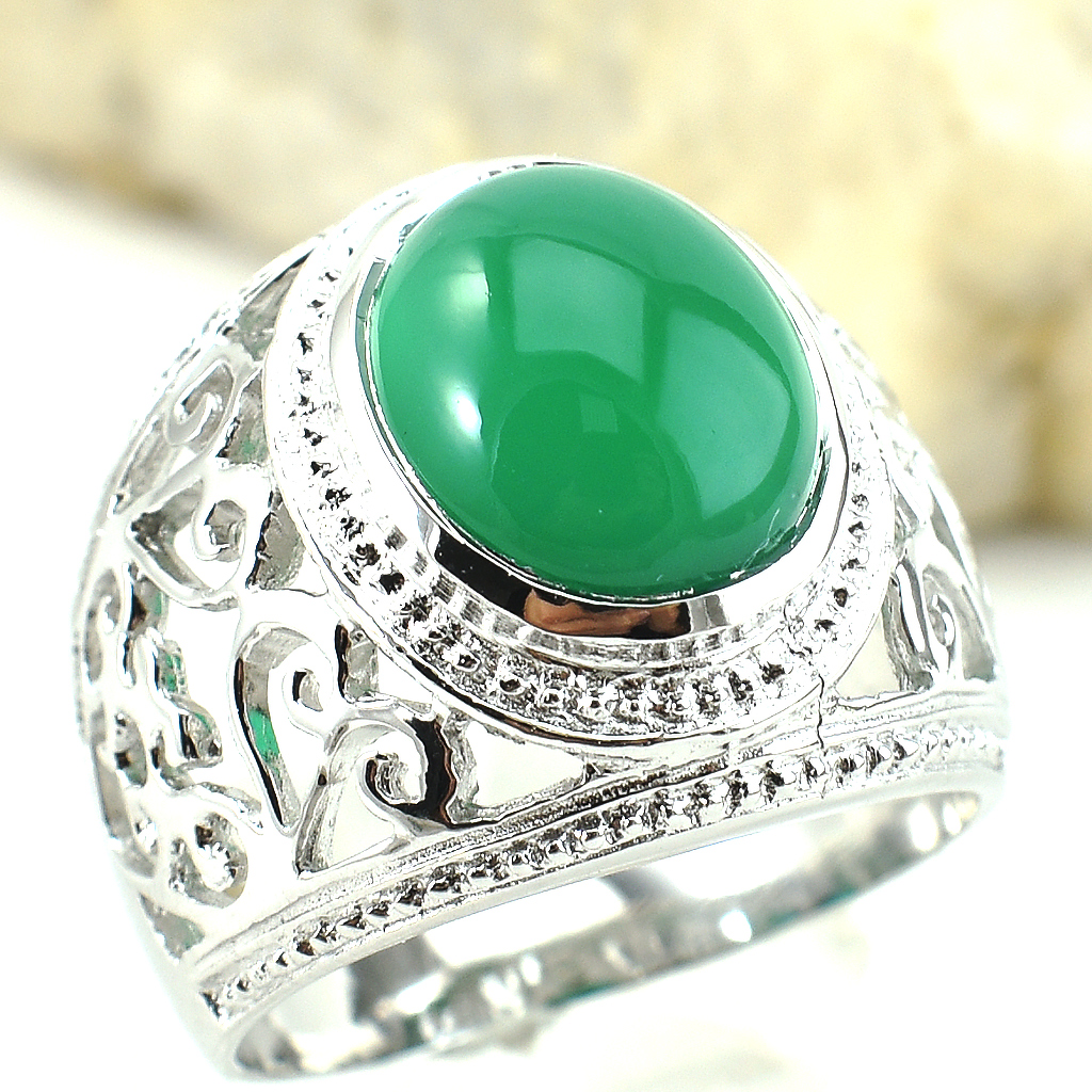 แหวนเงินแท้ราคาถูกชุบทองคำขาว พลอยแท้กรีนอะเกท 4.65 กะรัต งานประณีตสวยงาม สั่งผลิตค่ะ