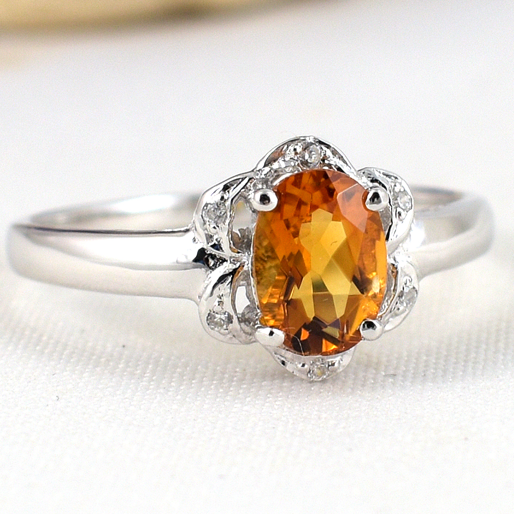 แหวนเงินแท้ราคาถูกชุบทองคำขาว ซิทรินแท้ 0.95 กะรัต เพชรCZ 0.06 กะรัต งานประณีตสวยงาม สั่งผลิตค่ะ