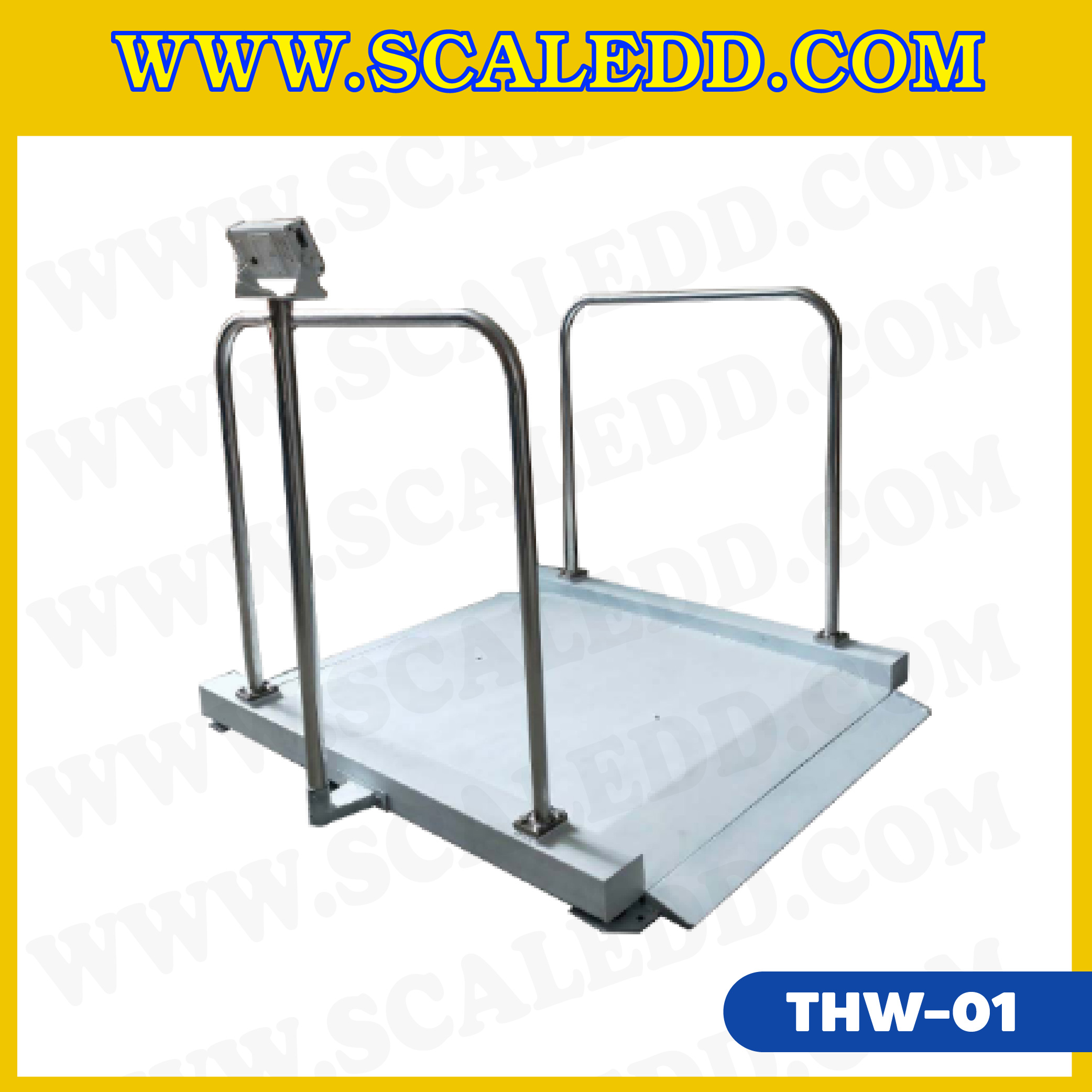 เครื่องชั่งน้ำหนักผู้ป่วย ใช้ชั่งรถวีลแชร์ผู้ป่วย ขนาดแท่นชั่ง 100x100 cm. พร้อมราวกันตกและทางขึ้น-ลง ทั้งซ้าย-ขวา พิกัด 300 กิโลกรัม ค่าละเอียด 100 กรัม มาพร้อมฟังก์ชั่น BMI