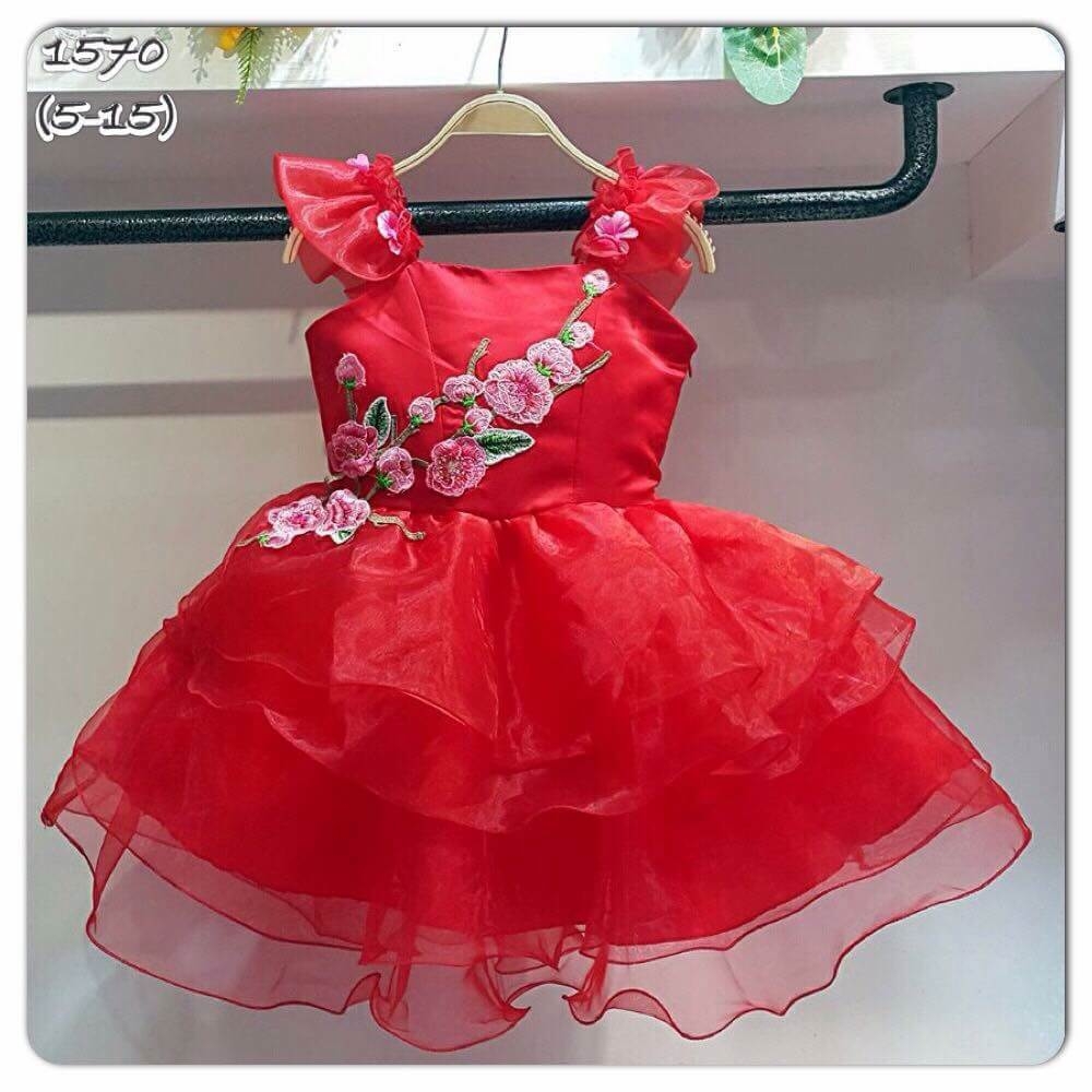 เดรสแขนเดี่ยวระบายกุหลาบ สีแดง สีชมพู