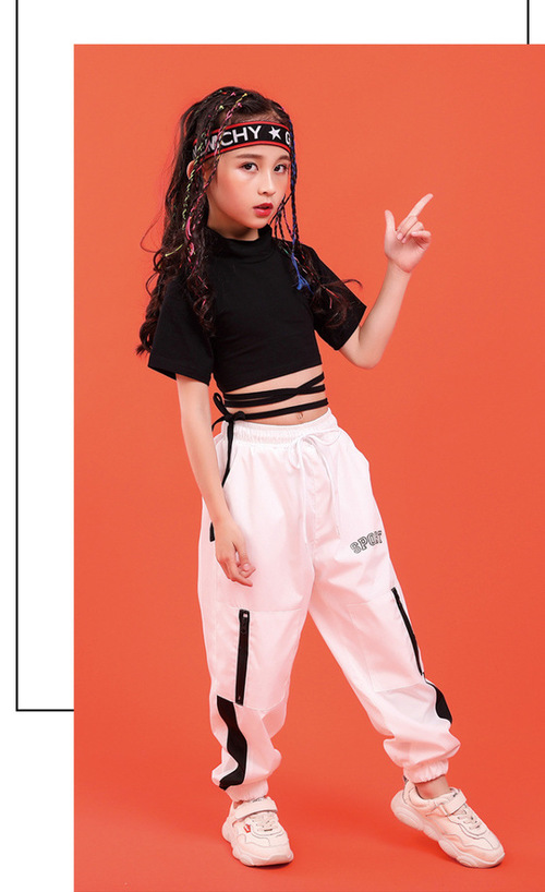 ชุดเต้น ชุดแดนซ์ เสื้อเอวลอยสีดำ+กางเกงขายาวสีขาว