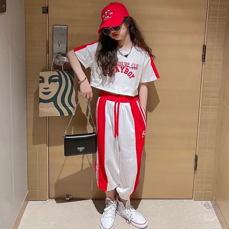 ชุดเต้น ชุดฮิปฮอป เซ็ตสีเสื้อแขนสั้น+กางเกงวอร์ม