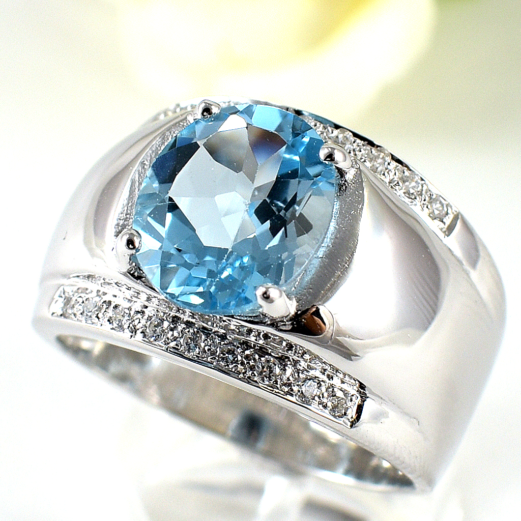 แหวนเงินแท้ราคาถูกชุบทองคำขาว สกายบลูโทปาซแท้ 4.50 กะรัต เพชรCZ 0.18 กะรัต งานประณีตสวยงาม สั่งผลิตค่ะ