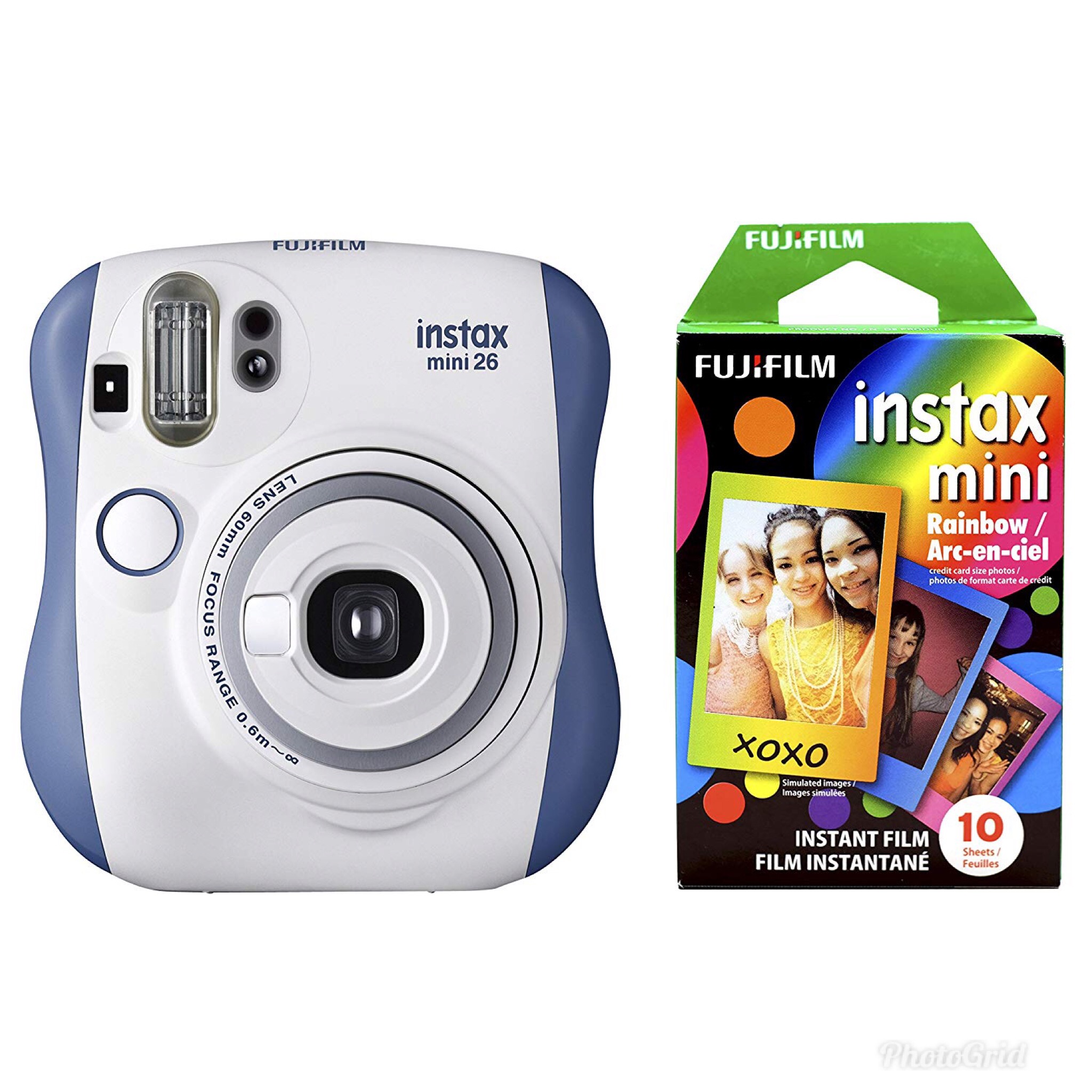 กล้องโพลาลอยด์ Fujifilm Instax Mini 26 + แถมฟิล์ม Rainbow Film Bundle 10 แผ่น - Blue/White