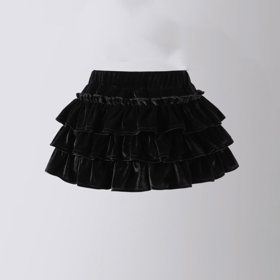 กระโปรง เด็กผู้หญิง ทรงขนมชั้น สีพื้น มีซับระบายชั้นติดโบว์