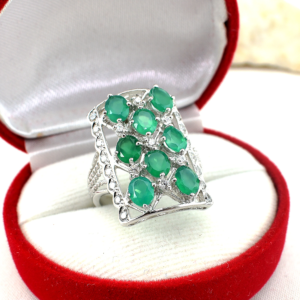 แหวนเงินแท้ราคาถูกชุบทองคำขาว พลอยแท้กรีนอะเกท 3.60 กะรัต เพชรCZ 0.437 กะรัต งานประณีตสวยงาม สั่งผลิตค่ะ