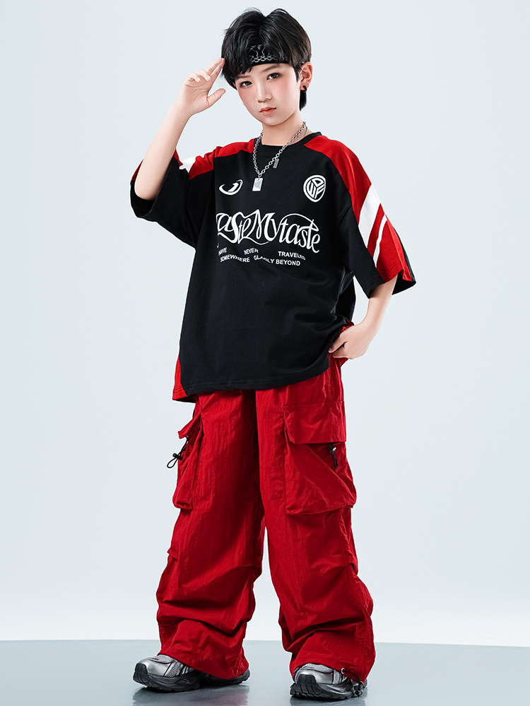 Friendly4kidชุดเต้นเด็กชาย/หญิง set เสื้อ+กางเกง สีดำ-แดงสไตล์สตรีทแดนซ์