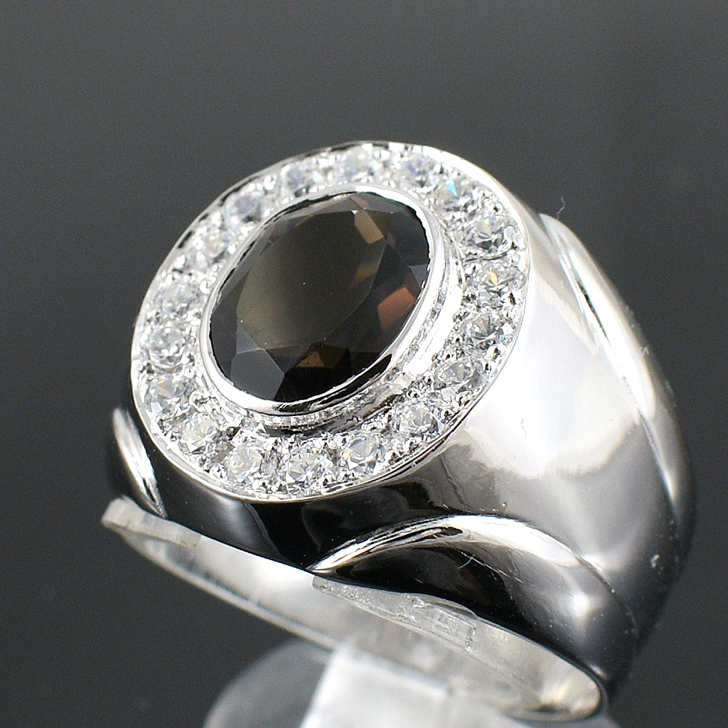 แหวนเงินแท้ราคาถูกชุบทองคำขาว พลอยแท้สโมกกี้ควอทซ์ 2.65 กะรัต เพชรCZ 0.32 กะรัต งานประณีตสวยงาม สั่งผลิตค่ะ