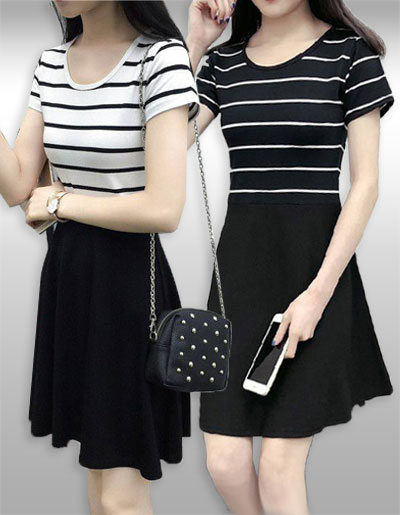 ชุดเดรสแฟชั่นแต่งลายทรงบานน่ารัก รหัส 2027