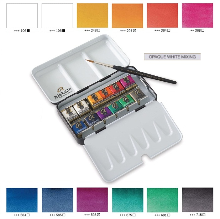 ชุดสีน้ำกล่องโลหะ Rembrandt 12สี พร้อมพู่กัน (Opaque White Mixing)